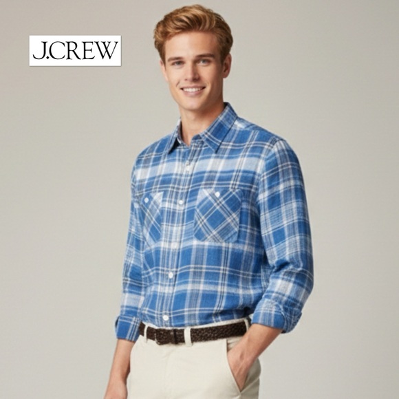NWT J Crew Baird McNutt Irish Linen Blue Plaid Two-Pocket Workshirt Shirt M